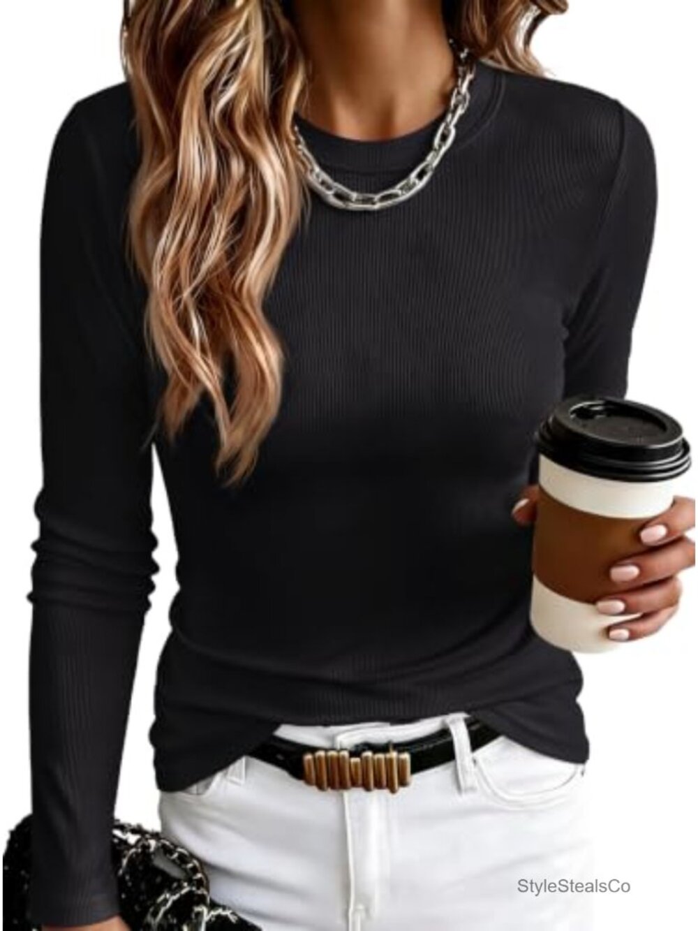Ribbed Long Sleeve Fitted Top Crew Neck Tunic Workout Yoga